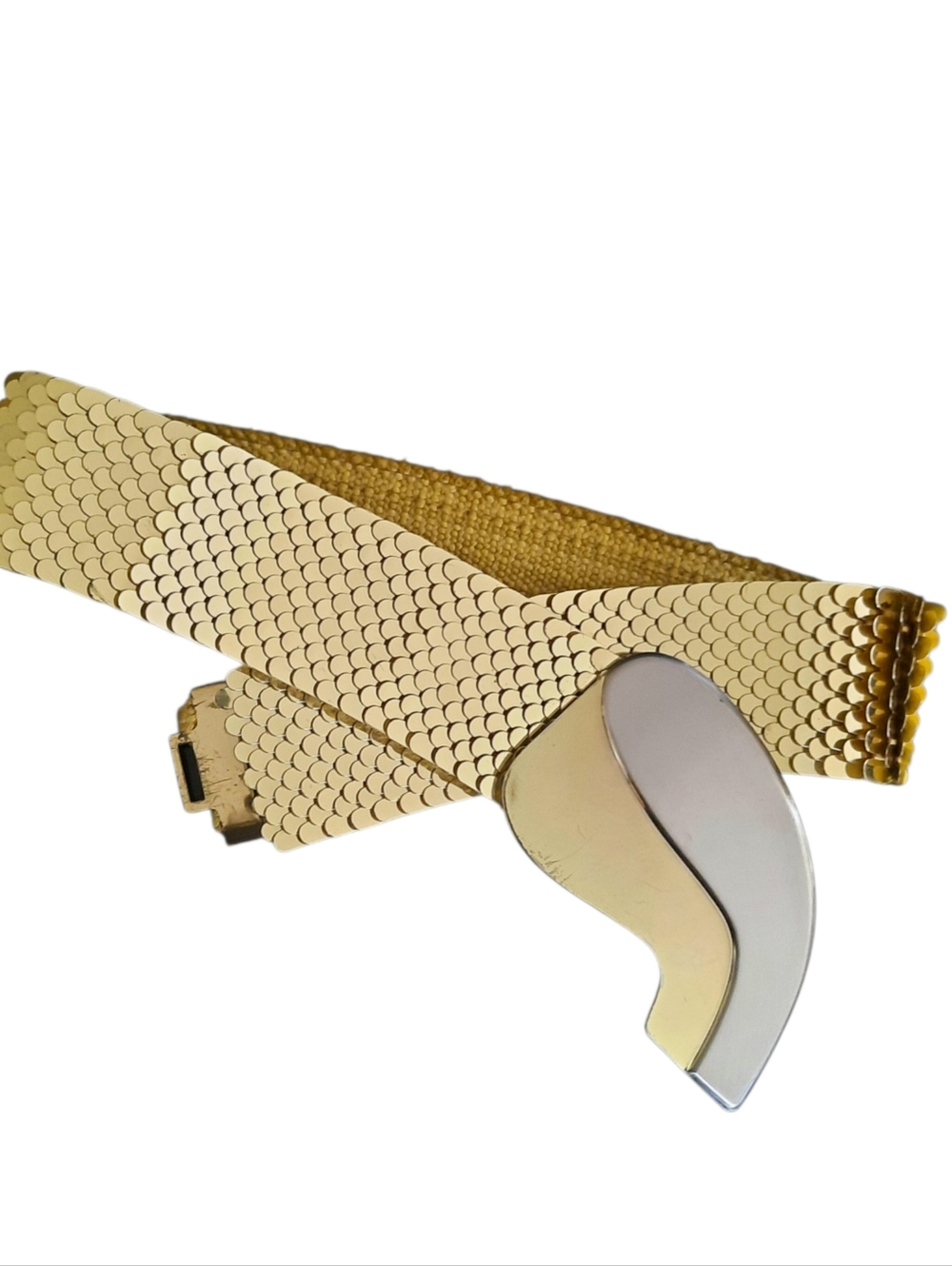 Vtg Gold Metal Fish Scale Wide Stretch Belt w/ 2-tone Statement Buckle Sz S/M